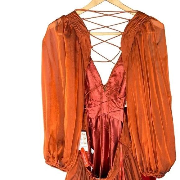 NEW Mac Duggal 67948 Pleated Cut Out Long Sleeve Lace Up Copper Gown 2 - Picture 7 of 8